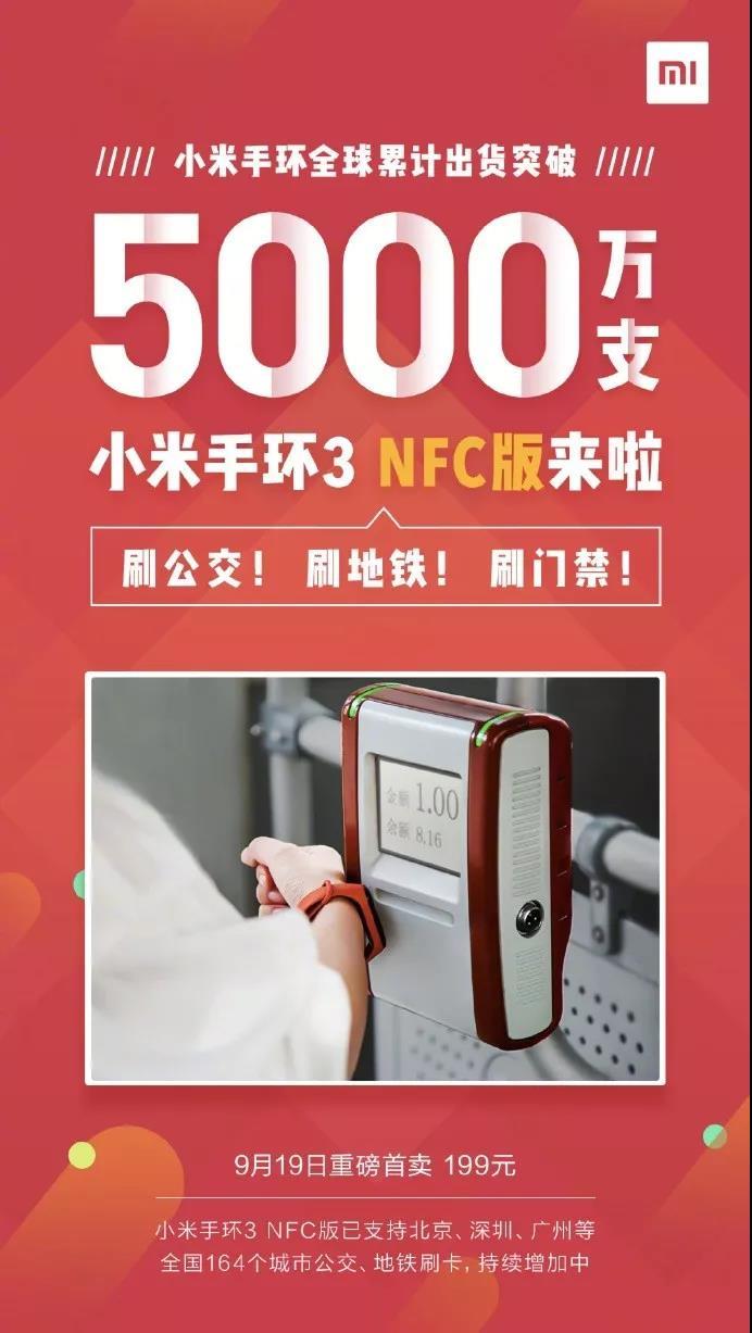 小米手环出货突破5000万支，小米手环3 NFC版售价199元