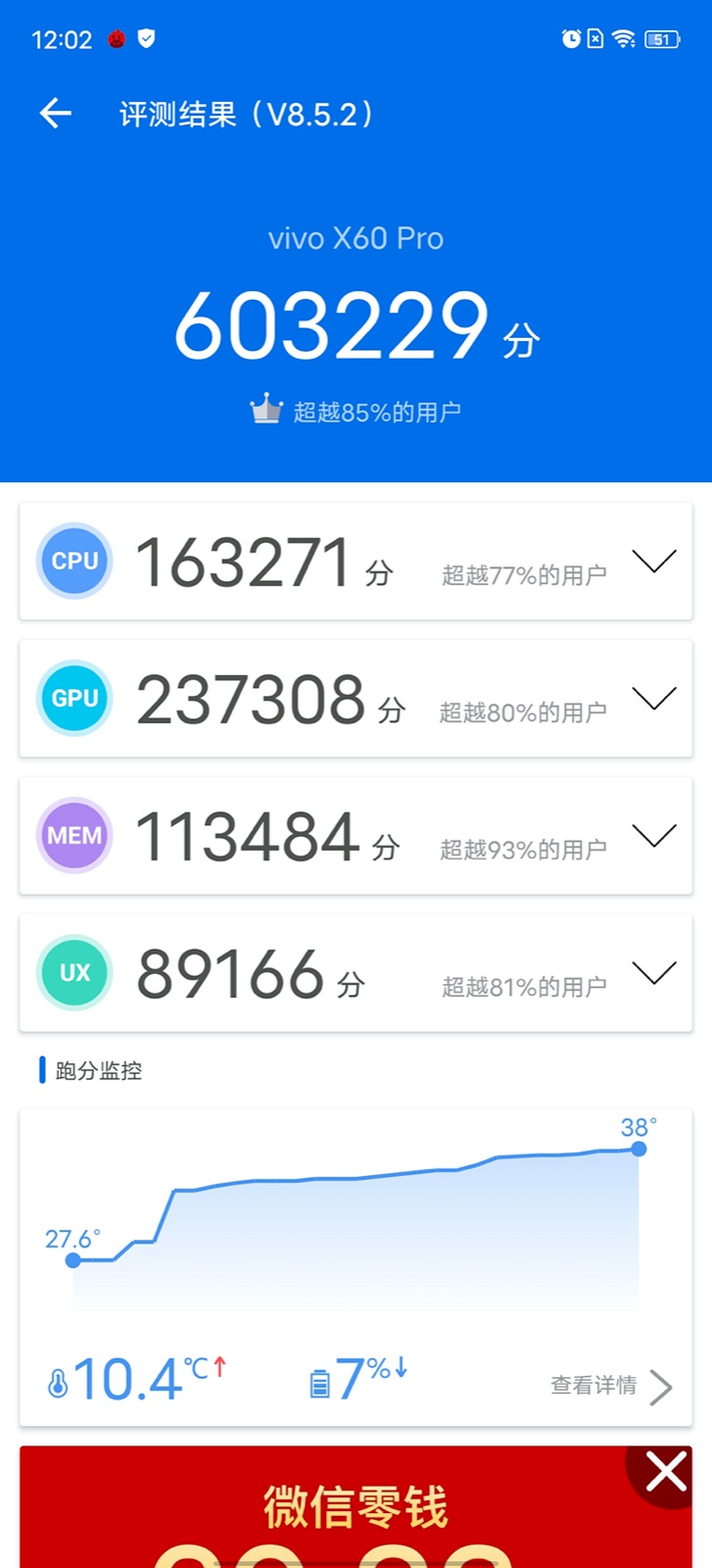 安兔兔跑分vivo x60 pro达到了60万,我们也选取了三款主流手机游戏