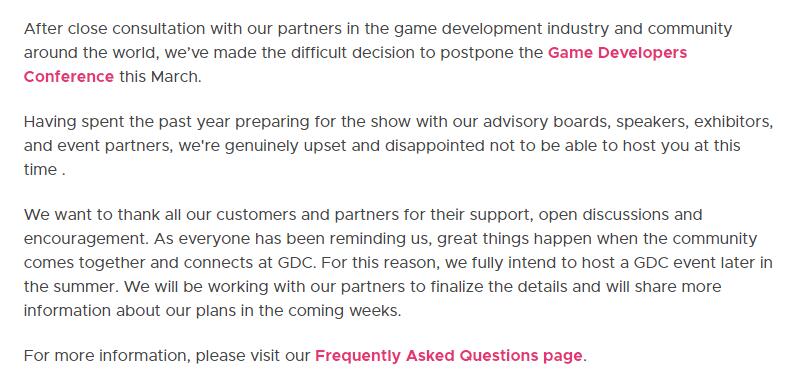 客户端游戏|游戏开发者大会GDC将延期举办