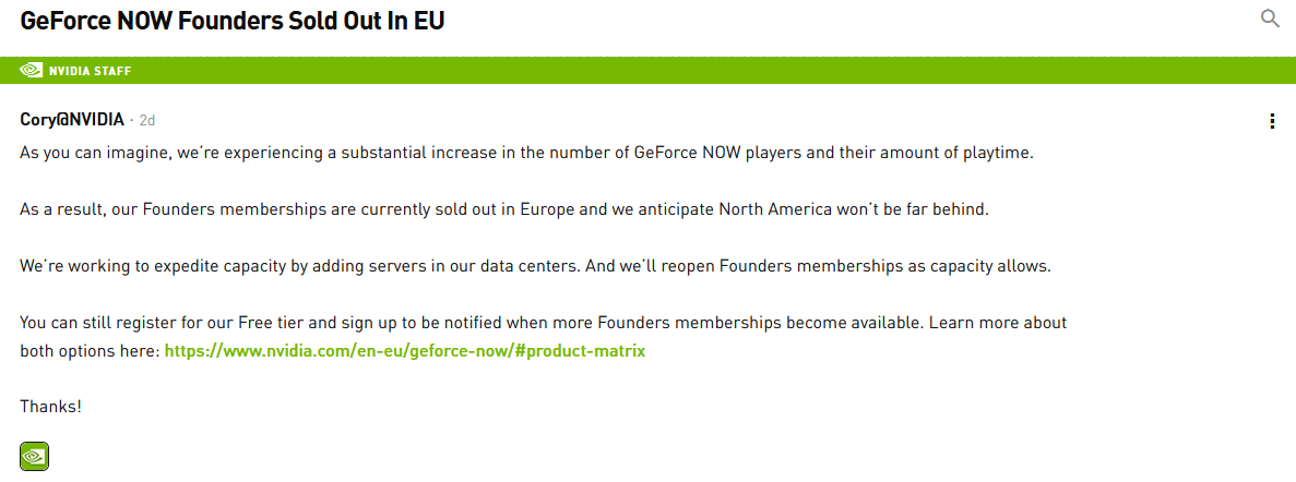 GeForce Now创始人版销量火爆 欧洲与北美基本售罄