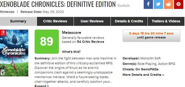《异度之刃：决定版》评分 M站均分89一致好评！