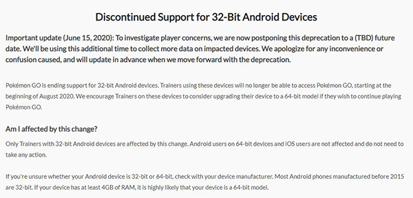 《宝可梦GO》对32位安卓手机的支持可能终止