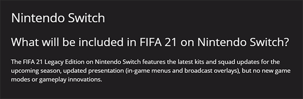 Switch版《FIFA足球21》系统不变 仅更新球员