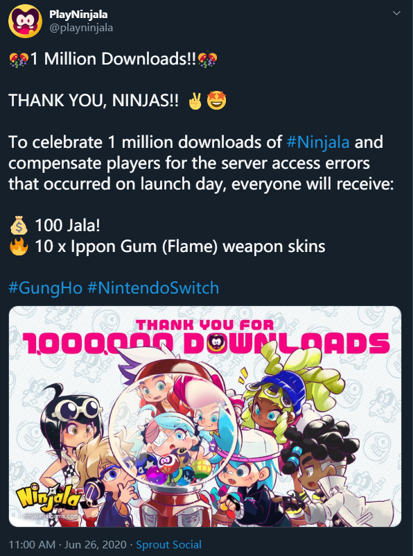 Switch独占大乱斗游戏Ninjala下载量超100万次