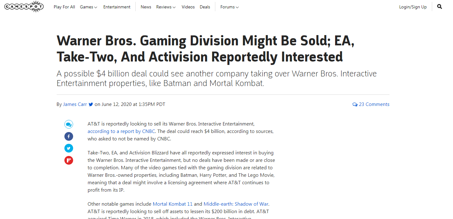 微软有意收购华纳兄弟游戏部门，以增强Xbox游戏制作能力