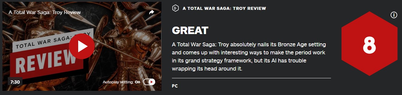 《全面战争传奇：特洛伊》获IGN 8分评价