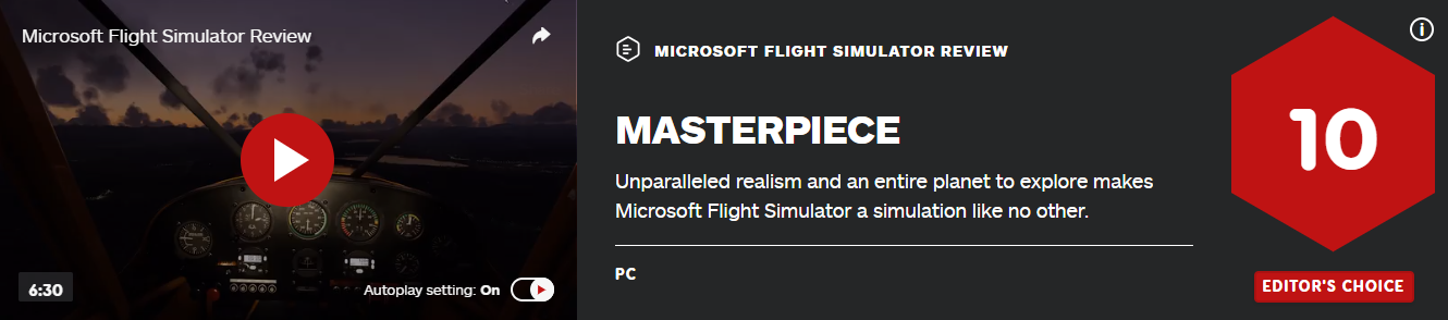 《微软飞行模拟》全球媒体评分解禁 IGN 10分 MC均分96