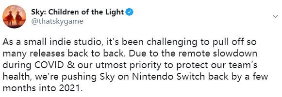 官方宣布《Sky光·遇》Switch版延期发售