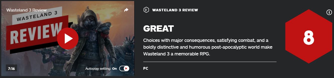 《废土3》获IGN 8分评价 令人难忘的佳作