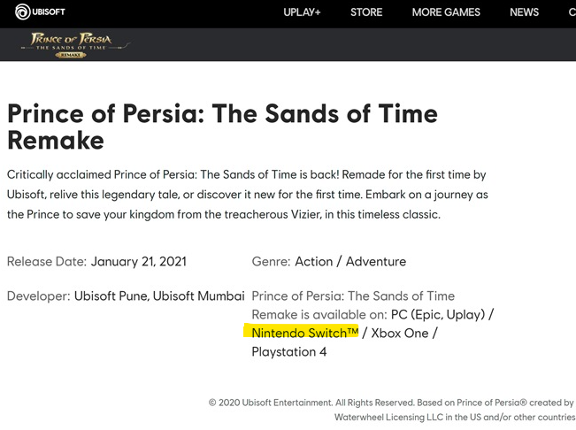 《波斯王子：时之沙》重制版2021年1月发售