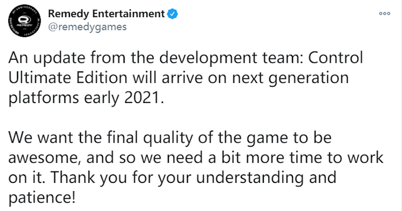 《控制 终极版》PS5与XSX/S版延期至2021年初发售