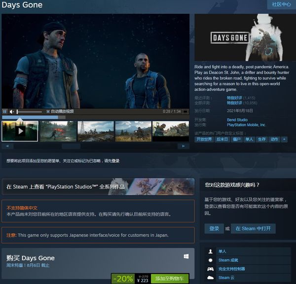 Steam版《往日不再》首次打折 售价223元