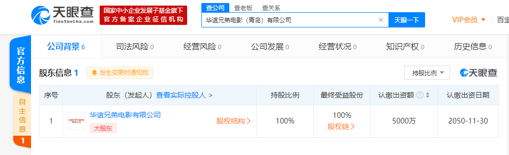 华谊兄弟在青岛成立电影公司 注册资本5000万